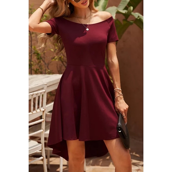 LAST ONE! Plus Size EMMA Off The Shoulder Burgundy High-Low Mini Dress - Picture 5 of 5